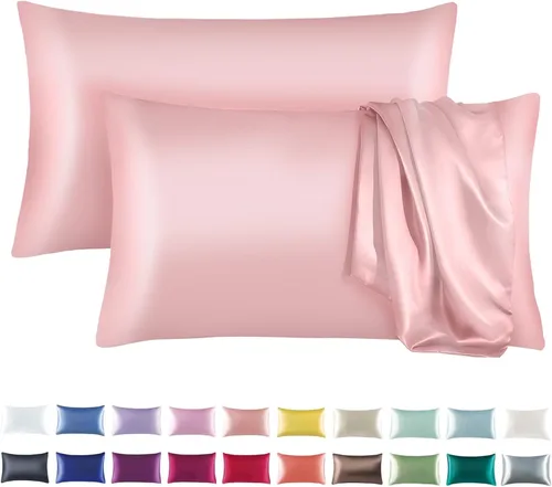 Vista 17 de Tyfitb Juego de 2 fundas de almohada de satén para cabello y piel, color azul bebé, fundas de almohada de enfriamiento tamaño estándar