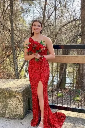 Vista 8 de Rjer One Shoulder Prom Dresses 2023 Sequin Formal Dresses Long Evening Gowns Slit Wedding Party Dresses