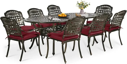 Vista 10 de Juego de comedor de patio de 9 piezas, mesa y sillas de patio al aire libre, mesa de comedor ovalada de aluminio fundido de 84 pulgadas con agujero