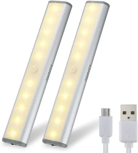 Vista 10 de [Versión mejorada] 10 luces LED de armario recargables por USB con sensor de movimiento, 3 modos de luz (G, encendido y apagado), carcasa