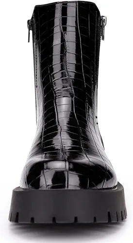 Vista 4 de ISOMEI Botines negros de cocodrilo para mujer botas de combate con cremallera y plataforma de charol
