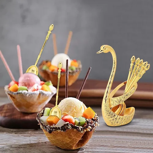 Vista 5 de Juego de cucharas de postre de café, soporte de base de cisne, organizador de cuchara con 6 cucharas para café, frutas, postres, mezcla, azúcar