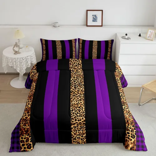 Vista 23 de Manfei Juego de edredón con estampado de leopardo, tamaño individual, juego de ropa de cama con estampado de guepardo marrón y negro, 2 piezas Negro