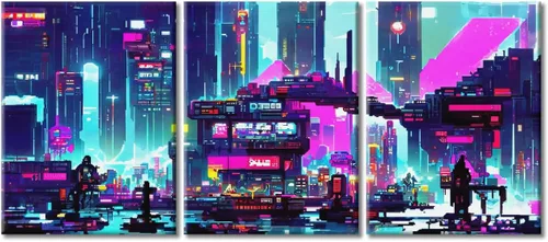 Vista 89 de Arte de pared de 3 piezas de escena de ciencia ficción de la calle comercial futurista paisaje urbano, decoración de pared para dormitorio