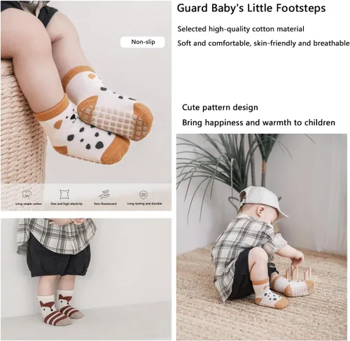 Vista 6 de Calcetines antideslizantes de algodón para bebé, estilo tobillo para niñas y niños, niños pequeños, 5 pares