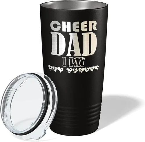 Vista 2 de Cheer Dad I Pay She Cheers - Vaso de acero inoxidable con tapa aislada, color negro