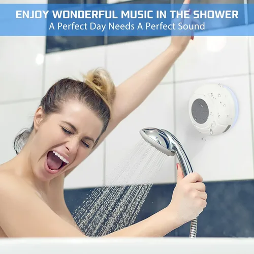 Vista 2 de Altavoz de ducha Bluetooth impermeable portátil inalámbrico resistente al agua altavoz ventosa, micrófono integrado regalos para niños, altavoz