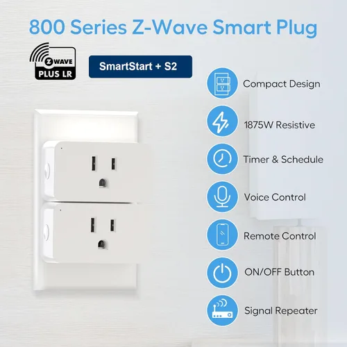 Vista 3 de Zwave Smart Plug serie 800, repetidor y concentrador necesarios Built-in Repeater extends Zwave mesh. Works with SmartThings, Wink, Alexa, Google.
