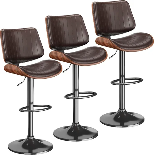 Vista 18 de Juego de 1 taburetes de bar giratorios de madera curvada ajustables para encimera de cocina, moderna silla de bar tapizada de piel sintética
