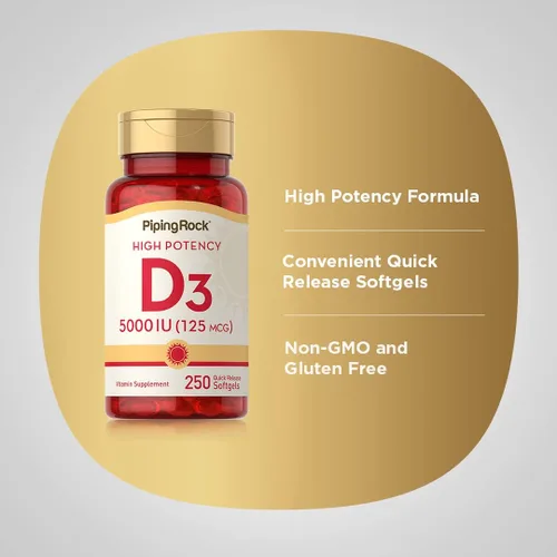 Vista 4 de Piping Rock Vitamina D3 5000 UI 250 cápsulas blandas Suplemento de alta potencia Sin OMG, sin gluten