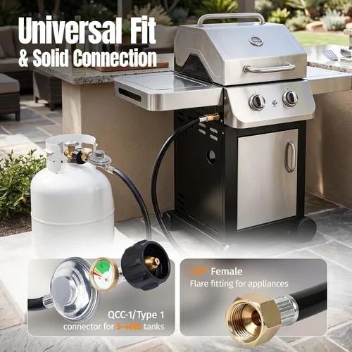 Vista 4 de SHINESTAR Regulador y Manguera Universal para Parrilla de Gas de 3.5 Pies con Manómetro, Repuesto para Calentador de Patio, Weber, Charbroil