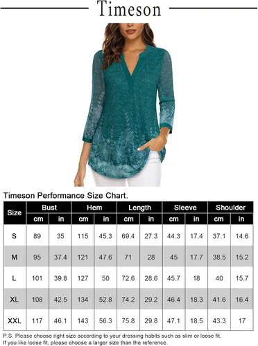 Vista 5 de Timeson Blusas de manga 34 para mujer, estilo casual, cuello en V, camisas de vestir de doble capa, túnicas de malla