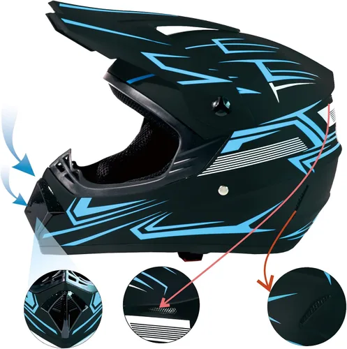 Vista 4 de Casco de motocross ATV motocicleta de cara completa todoterreno E Bike casco DOT con gafas y guantes máscara de rayas azules M (22.0-22.4 in)