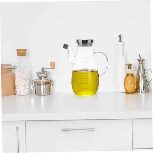 Vista 3 de Ciieeo Olla de aceite de vidrio de borosilicato con tapa de bambú a prueba de fugas y escala de medición, botella dispensadora de aceite de cocina