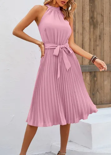 Vista 4 de KIRUNDO Vestido de cóctel plisado de verano sin mangas con cuello halter para mujer, línea A, acampanado, con cinturón