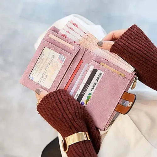 Vista 2 de Cartera pequeña de cuero para mujer, con bloqueo RFID, cartera delgada y plegable para mujer