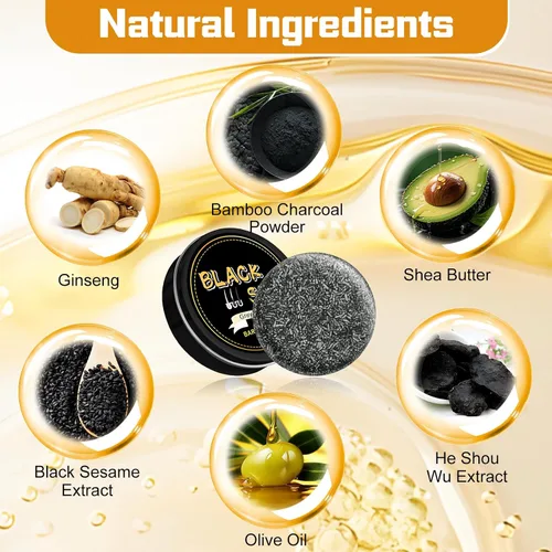 Vista 4 de Atsy Jabón en barra de cabello gris, jabón negro natural para cobertura de cabello gris, barra de champú oscurecimiento con ginseng y sésamo negro