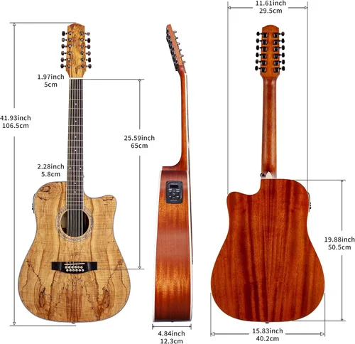 Vista 6 de TARIO 12 Cuerdas Acústica Eléctrica Cutaway Guitarra Spalted Maple Top Caoba Back & sides Okoume Neck