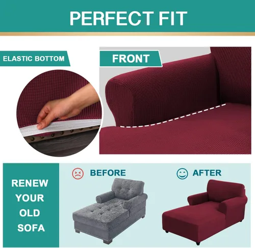 Vista 4 de Funda ajustada para sofá chaise lounge - Funda elástica para chaise de doble brazo con protector (Rojo vino, cuadros pequeños)