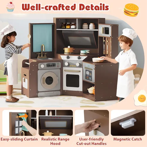 Vista 3 de Cocina esquinera de madera con luces y sonido, electrodomésticos completos y accesorios completos, juego de cocina para salas