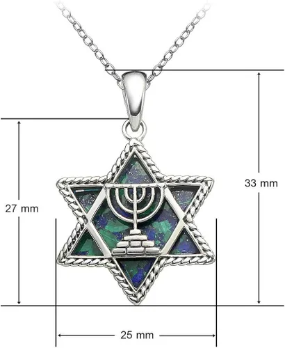 Vista 4 de Collar con colgante de plata de ley con diseño de estrella de David y Menorah de cristal antiguo romano