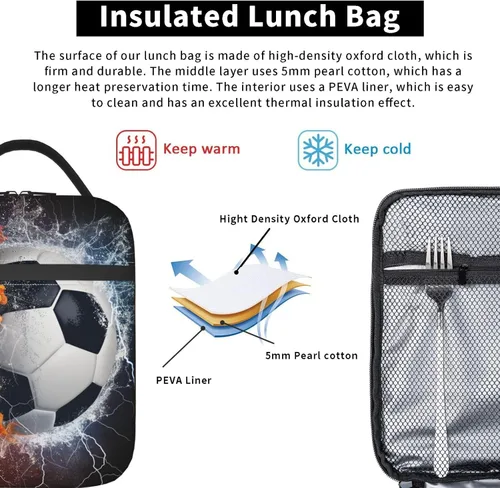 Vista 4 de Fiambrera deportiva con pelota de fútbol para niños, adultos, niñas, niños, bolsa de almuerzo refrigerante, reutilizable, aislada, bolsa
