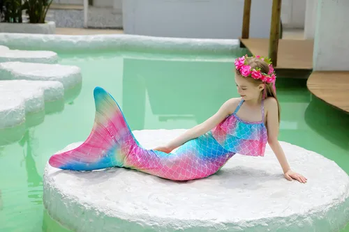 Vista 3 de DNFUN Colas de sirena para nadar para niñas, bikini de princesa, cola de sirena, traje de baño para niñas
