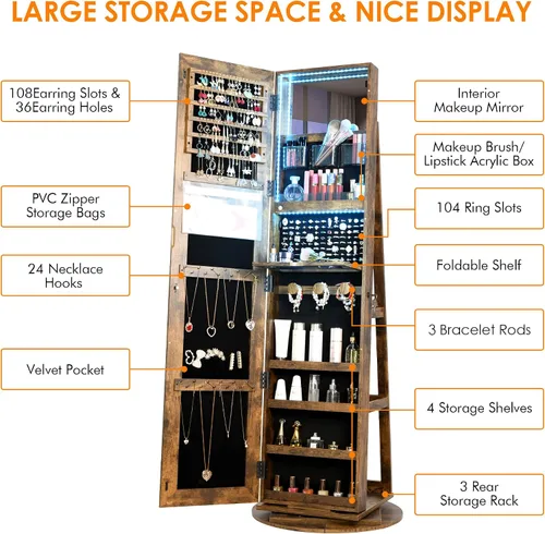 Vista 2 de Vlsrka LED Light Jewelry Cabinet with Full Length Mirror 360 Swivel, Large Jewelry Organizer Armoire Lockable Free Standing Mirror with Jewelry
