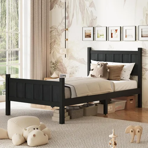 Vista 7 de Bellemave Cama de panel plano de tamaño individual con cabecero y estribo, cama de plataforma minimalista y moderna con acabado de grano de madera