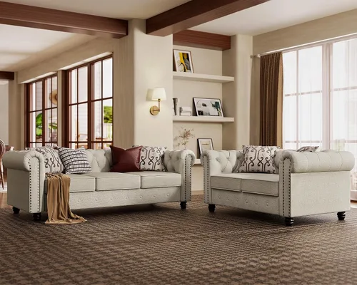 Vista 32 de Morden Fort - Juego de sillas y sofá Chesterfield clásico, con reposabrazos acolchados y patas de madera maciza, sofá cama para mascotas, cómodo