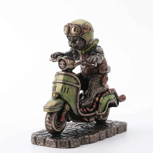 Vista 2 de Veronese Design Figura de resina Steampunk Cafe Racer Cat Scooter de 5 1/2 pulgadas, acabado de bronce