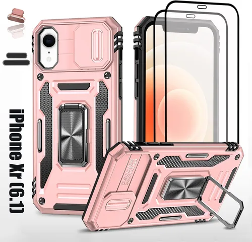 Vista 9 de Funda resistente para Apple iPhone Xr/10R, protección híbrida de goma de doble capa de grado militar con protector de cámara deslizante, soporte