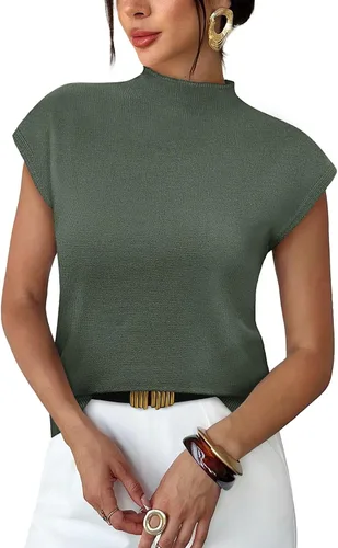 Vista 23 de Sampeel Suéter de manga corta para mujer, cuello alto, para verano, elegante, informal, básico, de punto