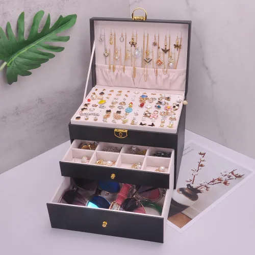 Vista 7 de Joyero para mujeres y niñas, soporte para aretes, collar de cuero de PVC, organizador de joyas, anillos, estuche de almacenamiento, con cerradura