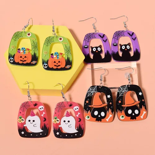 Vista 2 de Adoshine 4 pares de aretes de Halloween para mujeres y niñas, brujas espeluznantes, calabaza, telaraña, esqueleto, fantasma, gato negro, ligeros