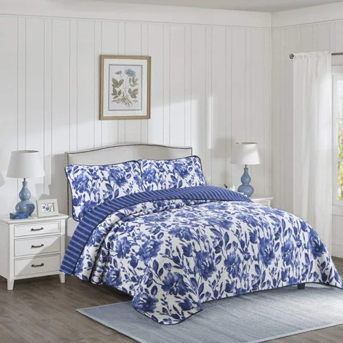 Vista 2 de Juego de colcha de algodón de porcelana azul y blanco tamaño Queen de 3 piezas, juego de ropa de cama floral estilo chino Diseño de porcelana azul