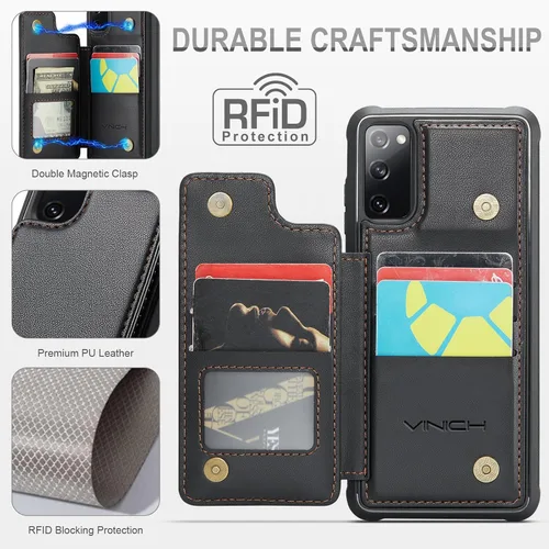 Vista 2 de Vinich - Funda tipo cartera para Samsung Galaxy S20 FE con tarjetero, color negro Ranuras de crédito con bloqueo RFID, soporte para teléfono a