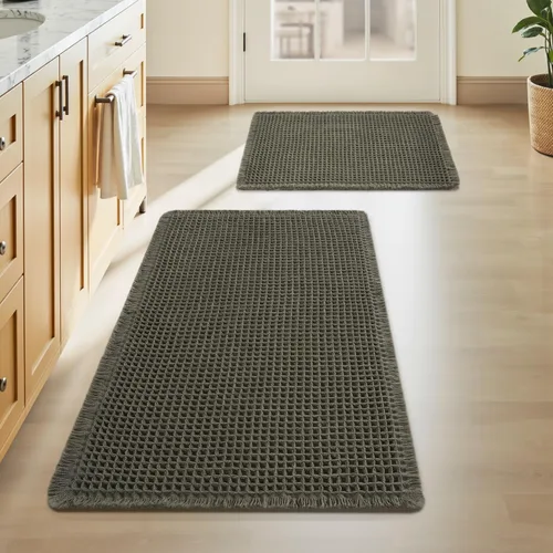 Vista 82 de AMOAMI Tapete de baño mejorado con diseño de gofre, súper absorbente, antideslizante, para suelo de baño, lavable a máquina, con borlas, tapetes