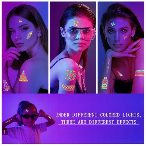 Vista 3 de 201 tatuajes que brillan en la oscuridad para suministros de fiesta, tatuajes temporales que brillan bajo luz negra UV neón para niños, adolescentes