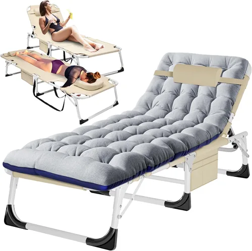 Vista 23 de H&ZT Silla de salón plegable con abertura para la cara – Silla reclinable ajustable para bronceado al aire libre con colchón, silla de sol
