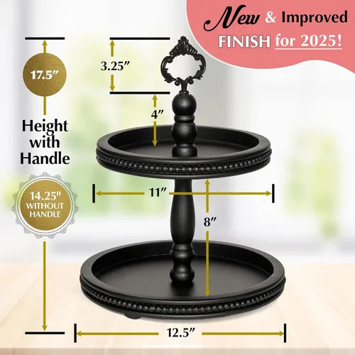 Vista 3 de Bandeja de madera de 2 niveles con soporte de servicio por Felt Creative Home Goods. Bandeja pequeña con detalle de cuentas para decoración