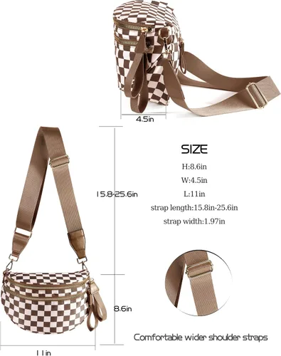 Vista 4 de Bolsa cruzada espaciosa de nailon a cuadros, estilo cangurera, para mujer