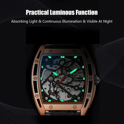Vista 4 de RORIOS Reloj de esqueleto automático para hombre, reloj mecánico automático con correa de cuero, reloj luminoso Tonneau reloj de viento automático