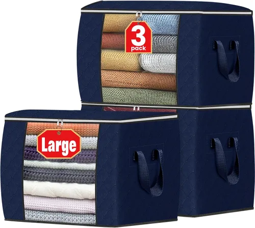 Vista 69 de Fab totes Paquete de 3 bolsas de almacenamiento plegables de tela gruesa, contenedores para organizar dormitorio, armario, ropa, edredón, Beige