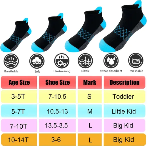 Vista 4 de Calcetines para niños, 24 pares, media acolchada, corte bajo, calcetines deportivos para tobillo para niños pequeños y grandes, edad 3-14