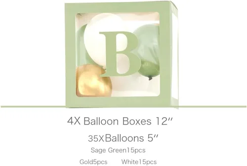 Vista 2 de luckylibra Decoraciones de baby shower verde salvia, cajas de globos transparentes B - A - B - Y y 35 globos