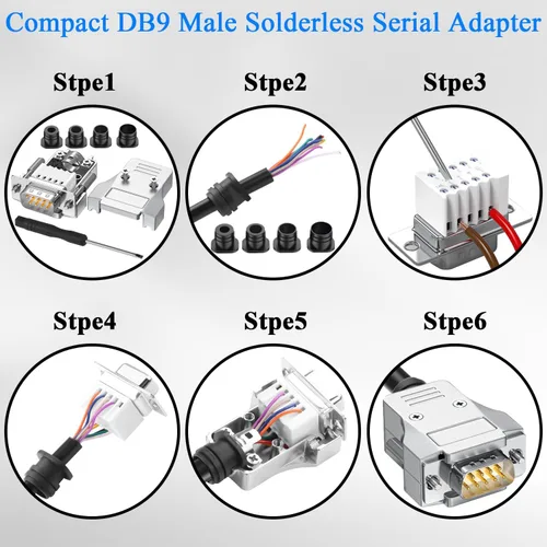 Vista 3 de QIANRENON Carcasa de metal DB9 conector serial sin soldadura compacto DB9 macho adaptador de terminal de crimpado chapado en oro D-SUB 9pin enchufe