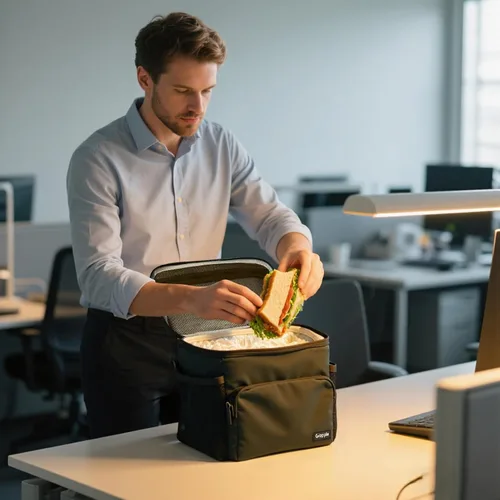 Vista 9 de Gloppie Fiambrera para hombres Bolsa de almuerzo para mujeres, a prueba de fugas almuerzo refrigerador bolsa negro gran almuerzo térmica