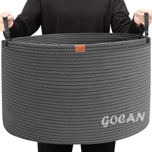 Vista 15 de GOCAN Cesta de almacenamiento extragrande para lavandería, 22 x 22 x 14 pulgadas, cesta tejida de cuerda de algodón para manta con asas para sala