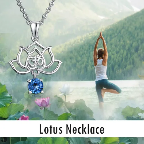 Vista 6 de TANGPOET Lotus Flower with Birthstone Necklace for Women Girls 925 Sterling Silver Om Pendant Necklace Healing Jewelry Gifts for Christmas Birthday